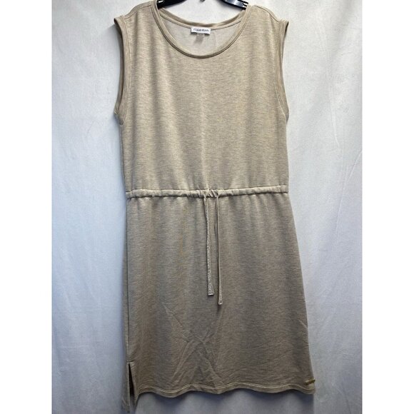 Calvin Klein Round Neck Drawstring Waist Sleeveless Dress Women Medium Beige - Picture 1 of 16